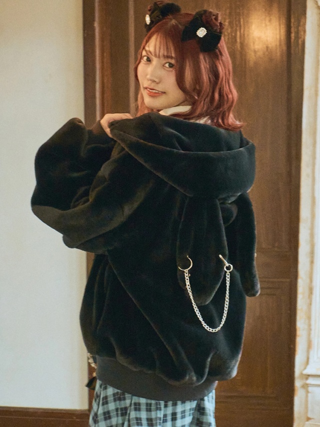 ドーリーリボン 辛けれ ふわもこ ボア フード コートアウター ブラック  