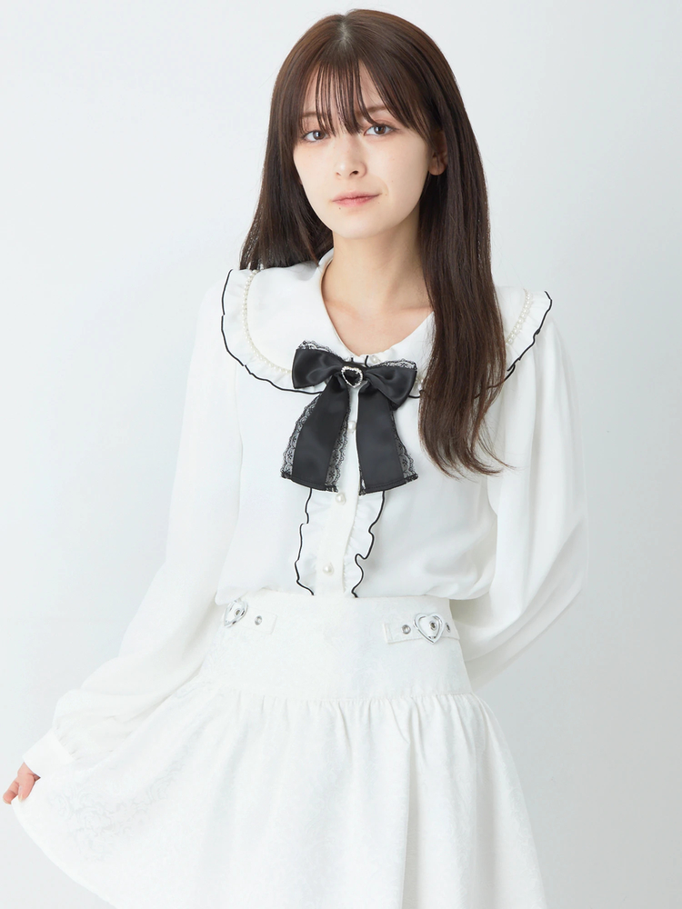 AnkRouge アンクルージュ 白 フリル リボン付き トップス レディース おリボンセットアップ - Ank Rouge(アンクルージュ)の