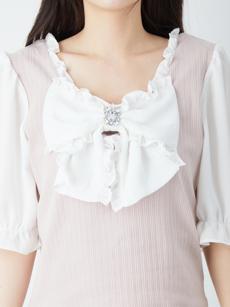 2COLOR Tシャツ パフスリーブ ラウンドネック リボン パフスリーブリボンTOPS - Ank Rouge(アンクルージュ)のシャツ