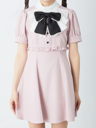 GOLDS♡タグ付き♡ラッフルフリル胸元おりぼんワンピ♡銀ラメ♡ピンク×ブラック ラッフルフリルスタンドカラーワンピース - Ank Rouge(アンクルージュ