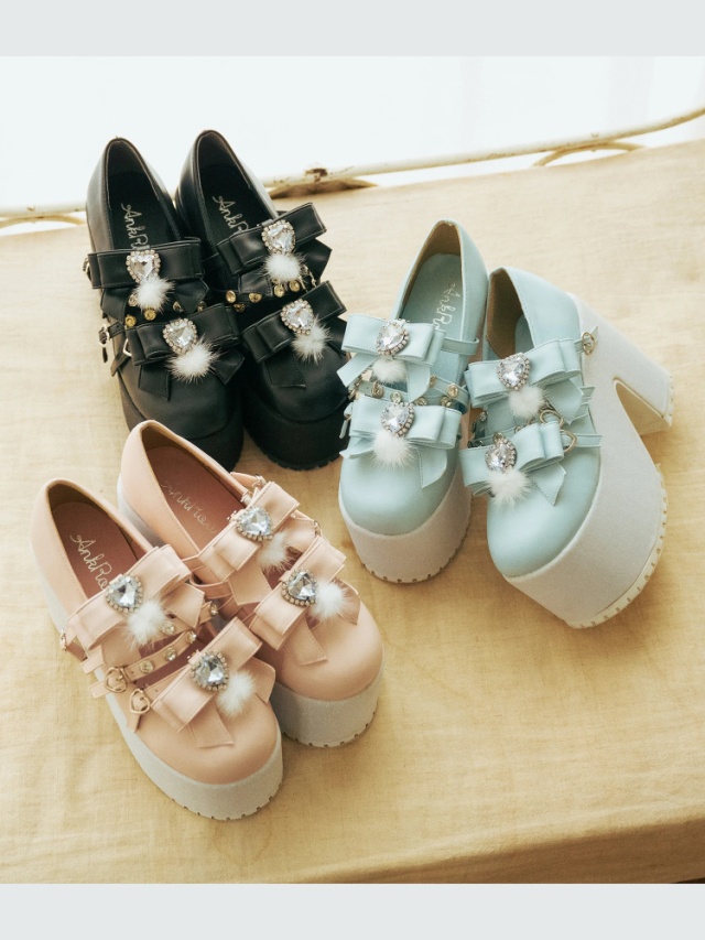 Ank Rouge キラキラビジューベロアリボン厚底シューズ 青 ブルー L  