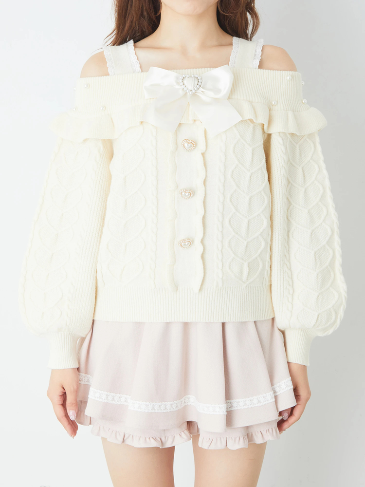パールストラップオフショルレースアップニット | Rlab store