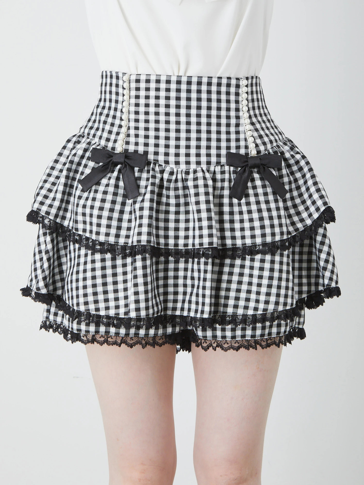 はじごリボンギンガムティアードスカパン 黒 はしごリボンギンガム