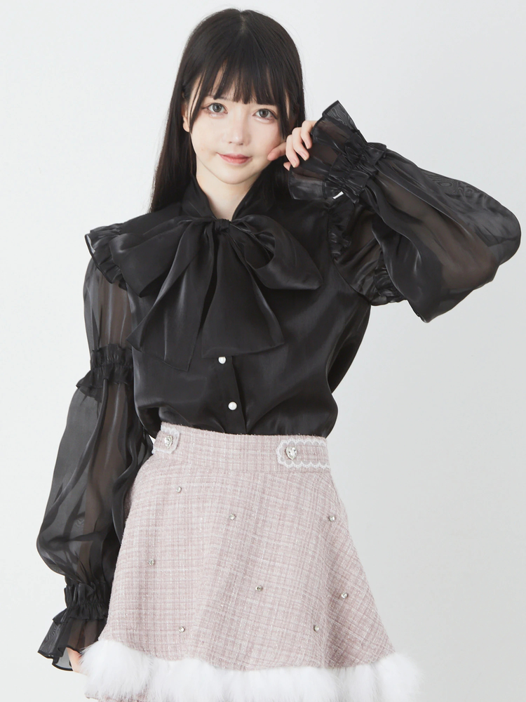 Ank Rouge - 新品未使用 Ank Rouge シアーリボンパフブラウス ブルー Ank Rouge - 新品未使用 Ank Rouge シアーリボンパフブラウス
