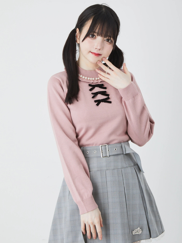 フリル ポンポン パールビジュー リボン 長袖 ハンドニット