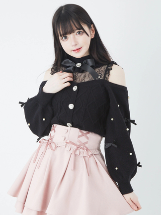 新品【JUDY】ジュディ　レース切り替えリブニット　袖フレア　ブラック　M リボンレース切り替えオフショルニット - Ank Rouge(アン