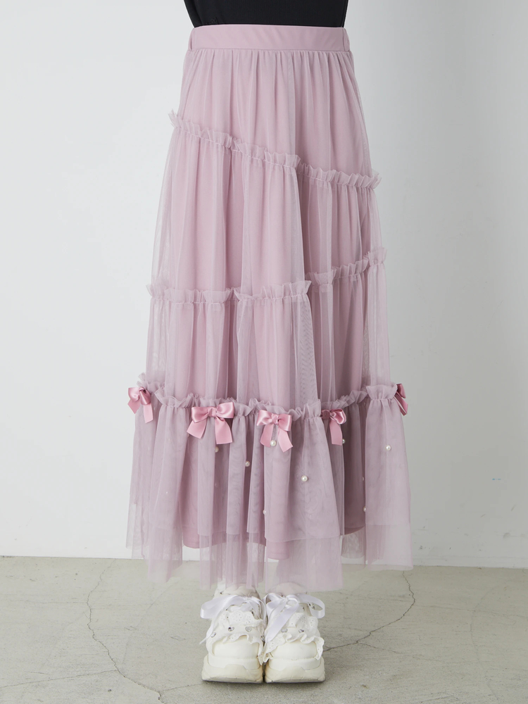 リボン装飾ピンクチュールロングスカート 楽天市場】【SALE】チュールリボンロングスカート : 夢展望 YUMETENBO