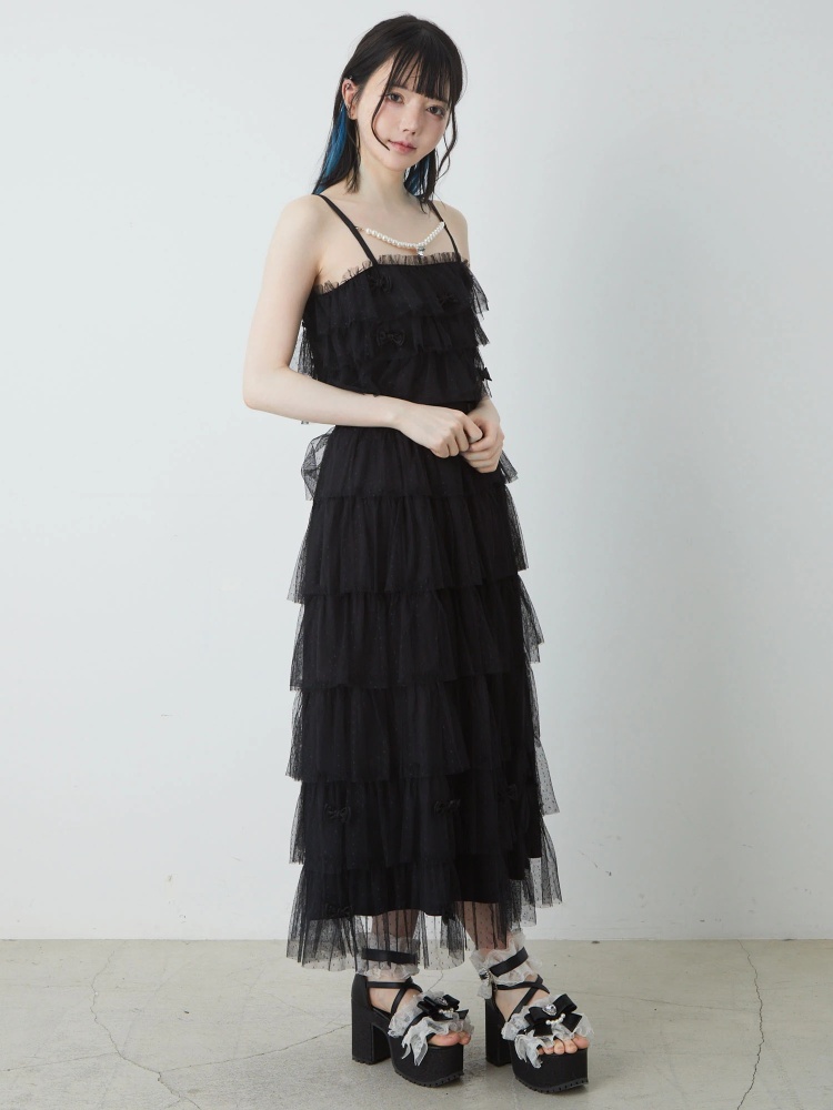 リボンモチーフチュールティアードロングスカート - Ank Rouge(アン  