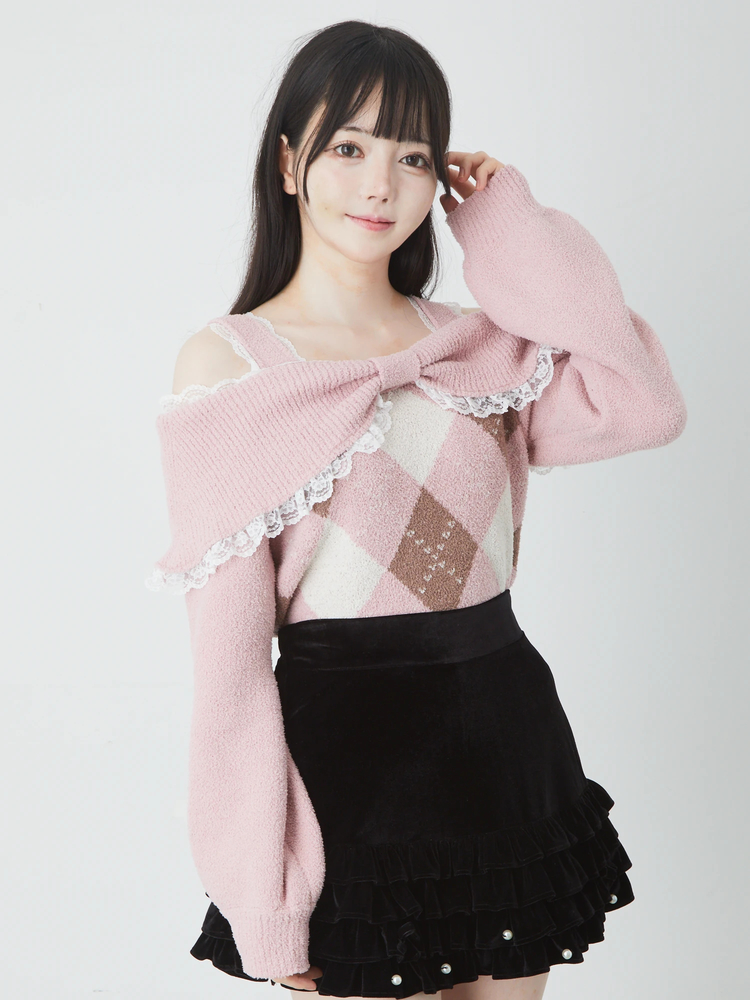 アーガイルリボンオフショルニットプルオーバー - Ank Rouge