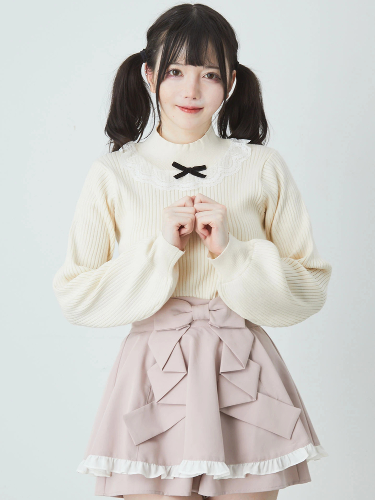 ニット セーター ケーブル編み袖リボンニットトップス