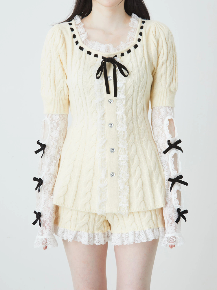 美品★ハーリップトゥ★アンサンブル ケーブル ニット 2点セット ウール混FR刺繍ケーブル柄ニットプルオーバー（4-0021-6-22-010