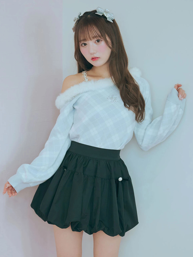 ファーオフショルチェックニットプルオーバー - Ank Rouge(アン