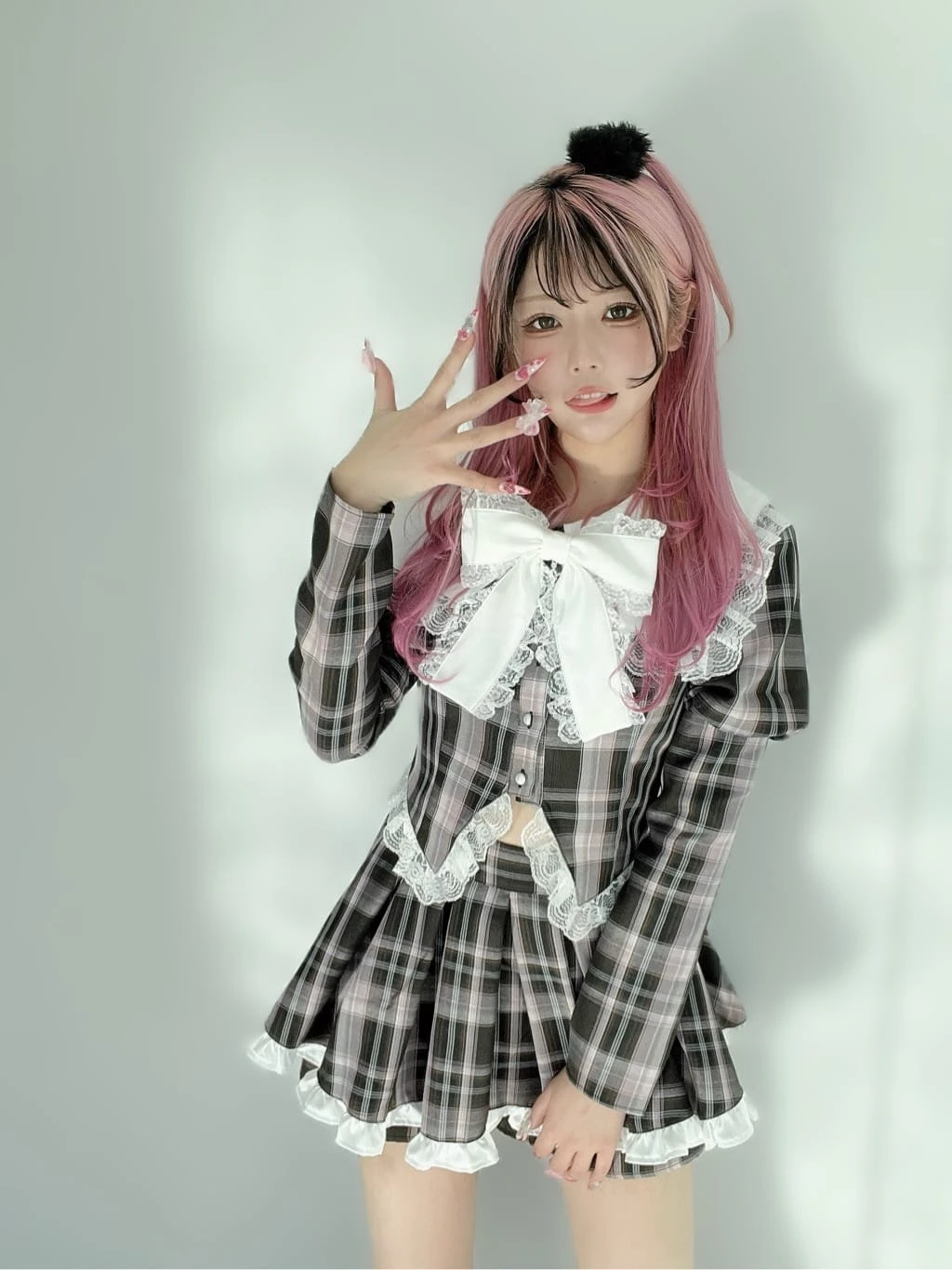 Ank Rouge チェックプリンセススリーブTOPS チェックリボンスカパン