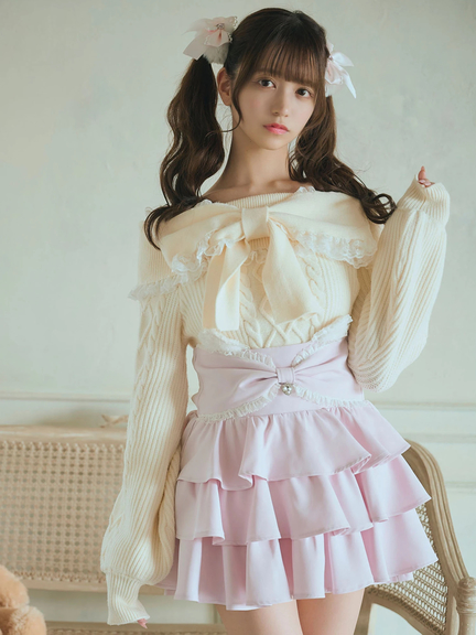 リボンオフショルニットTOPS(ホワイト)