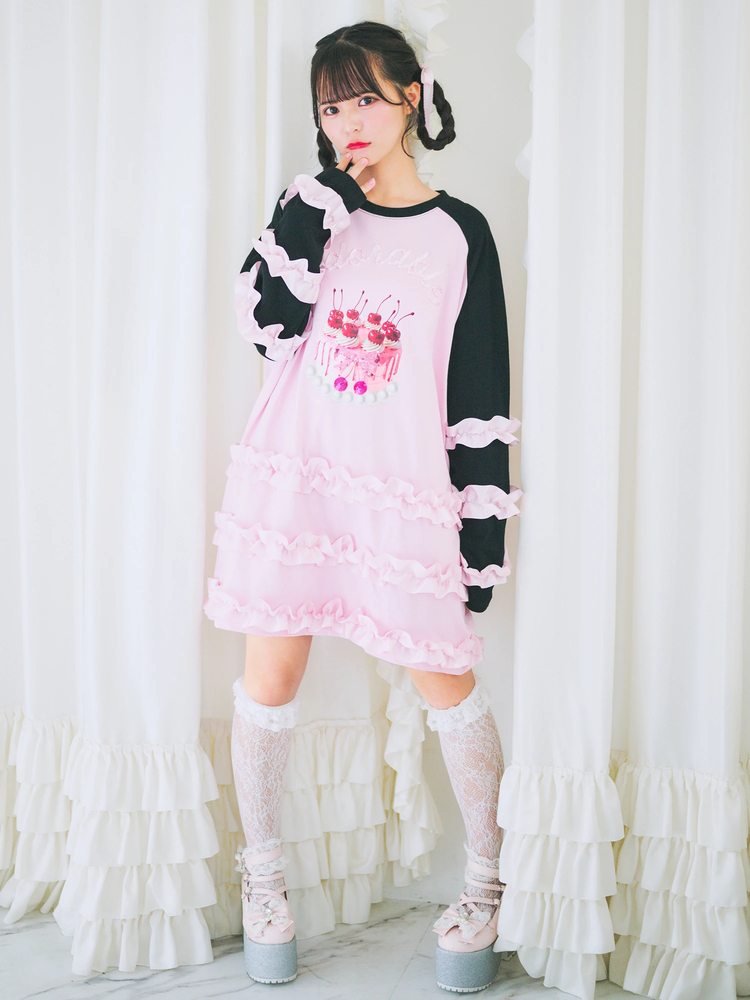 【Ank Rouge】 ケーキラグランロンT ブラック ワンピース ケーキフリル ケーキラグランロンTe - Ank Rouge(アンクルージュ)のTシャツ