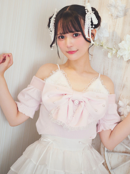 リボンネコちゃんオフショルテレコTOPS(ホワイト)