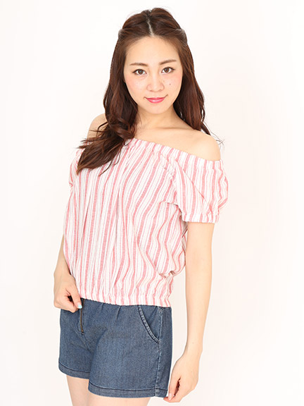コットンストライプオフショルトップス