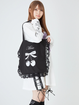 ‼️完売品‼️ Jamieエーエヌケー ブラックチェリー フリル付トートバッグ 完売品‼️ Jamieエーエヌケー ブラックチェリー フリル付トート