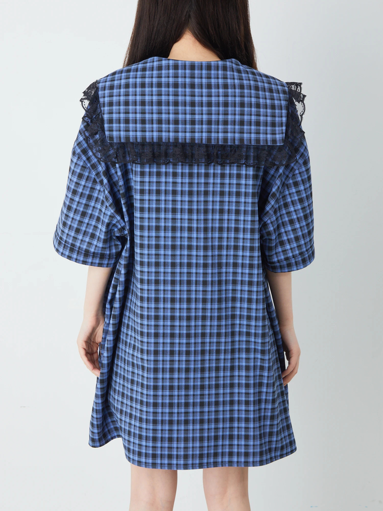 A18545 美品 GroundY チェック切り替え アシンメトリーシャツ 紺1 ネクタイチェックシャツOP - Jamie エーエヌケー(ジェイミーエー