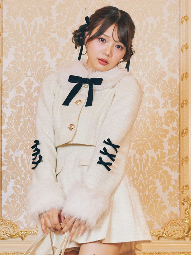 M me eme 治り ラメツイード ファーコート 