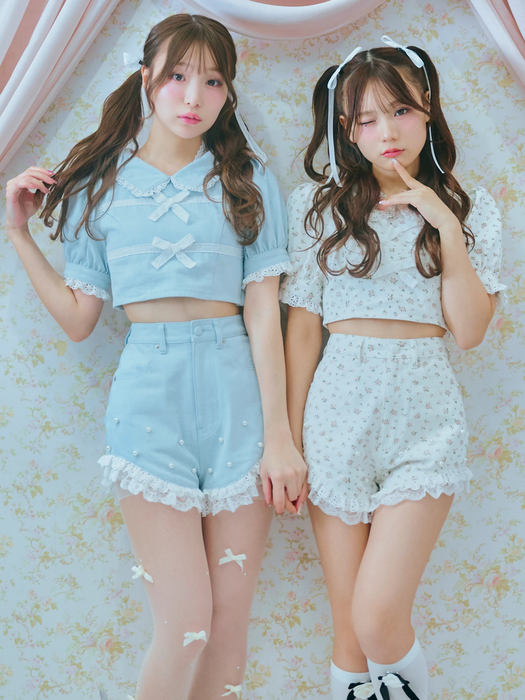 ミーロワールおリボンレースパフTOPSパールレースショートパンツセットアップ パールレースショートパンツ - Me roir(ミーロワール)のショートパンツ