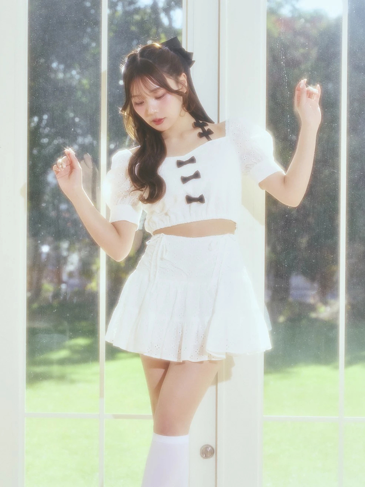 Me roir ミーロワール　レースリボン　TOPS PINK おリボンレースパフTOPS - Me roir(ミーロワール)のTシャツ